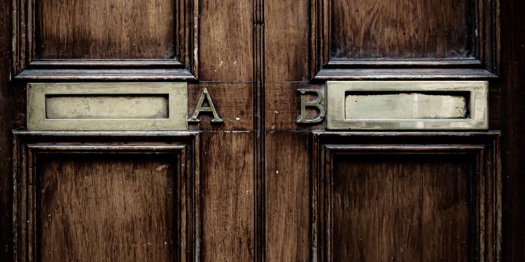 2 doors with A on the left door and B on the right